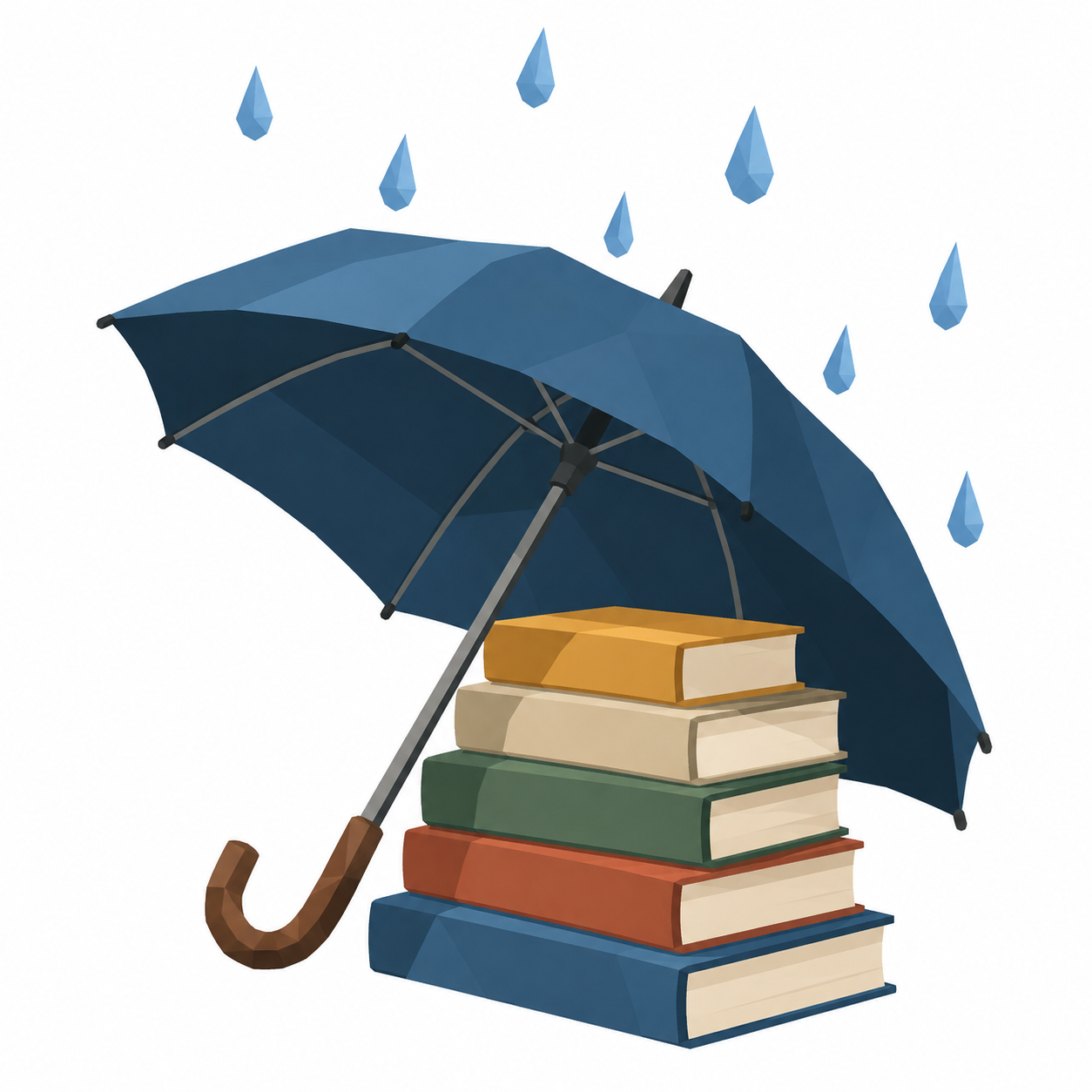 Ein aufgespannter Regenschirm steht ueber einem Stapel Buecher, draussen fallen Tropfen