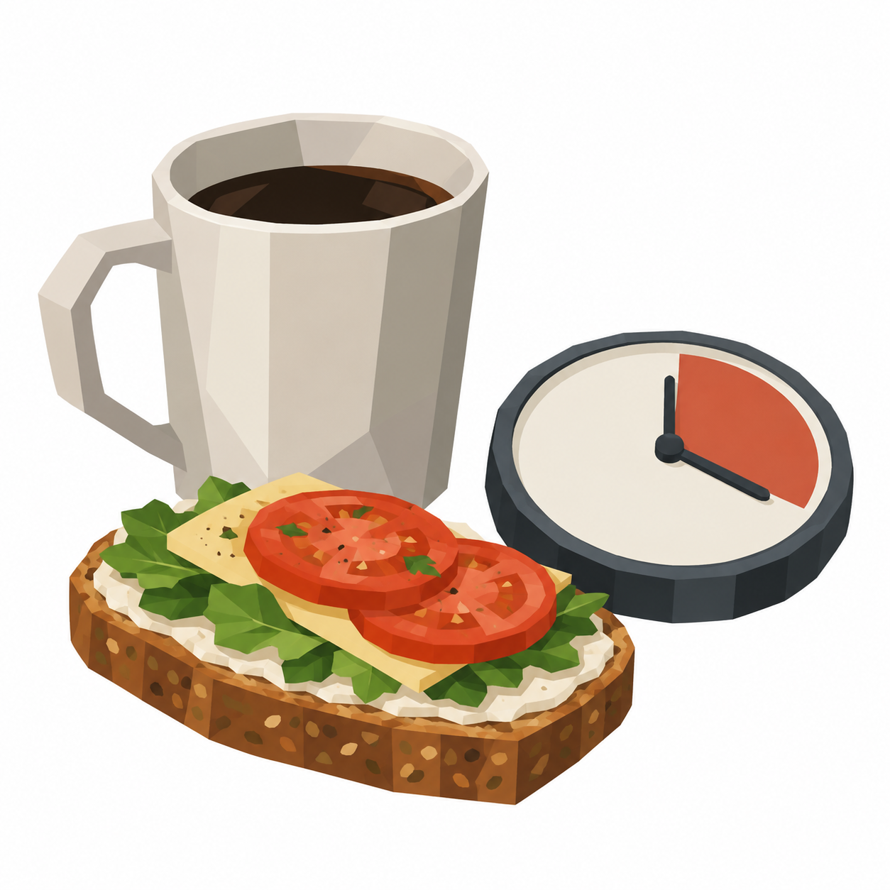 Eine Tasse und ein belegtes Brot stehen auf einem Tisch, daneben liegt eine Uhr mit einem markierten Zeitraum