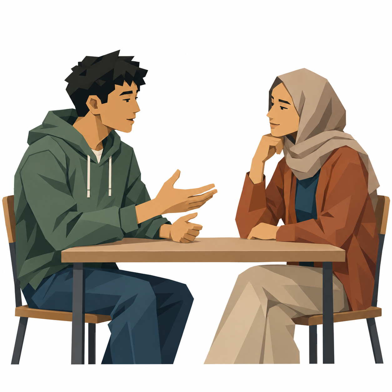 Zwei Personen sitzen am Tisch, eine spricht und die andere hört mit ruhigem Gesicht zu