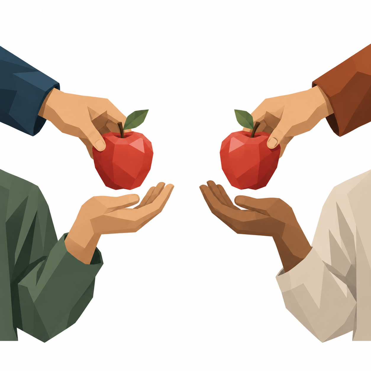 Zwei Hände reichen zwei Personen je einen gleich großen Apfel