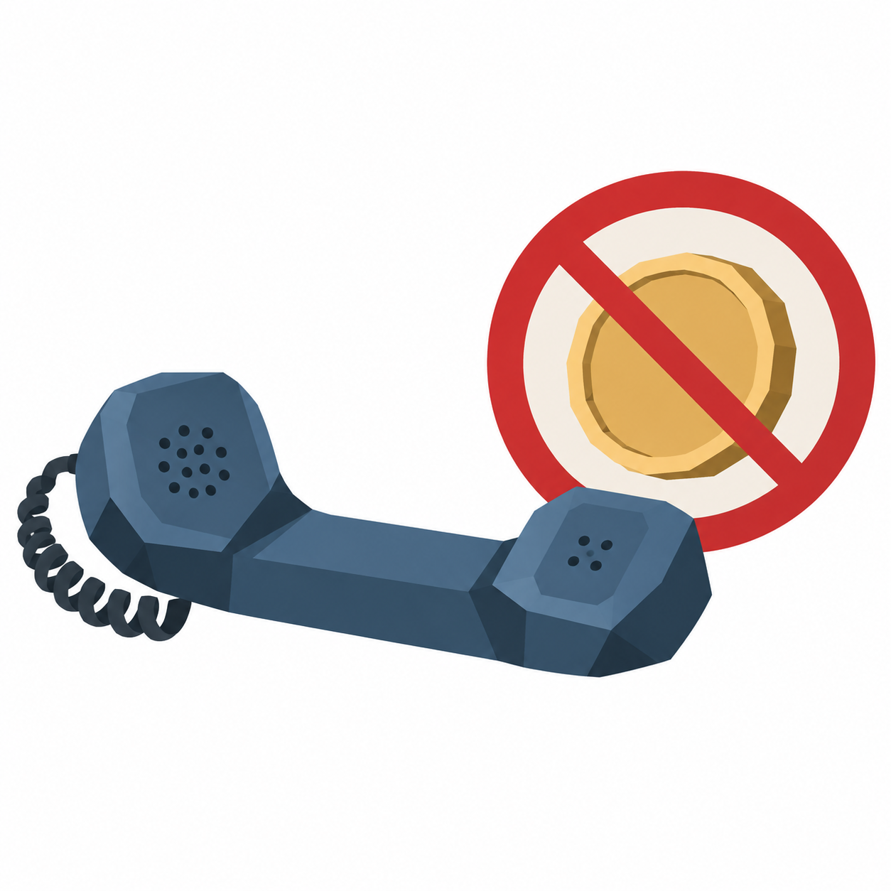 Ein Telefonhörer liegt neben einem Schild mit einer durchgestrichenen Münze