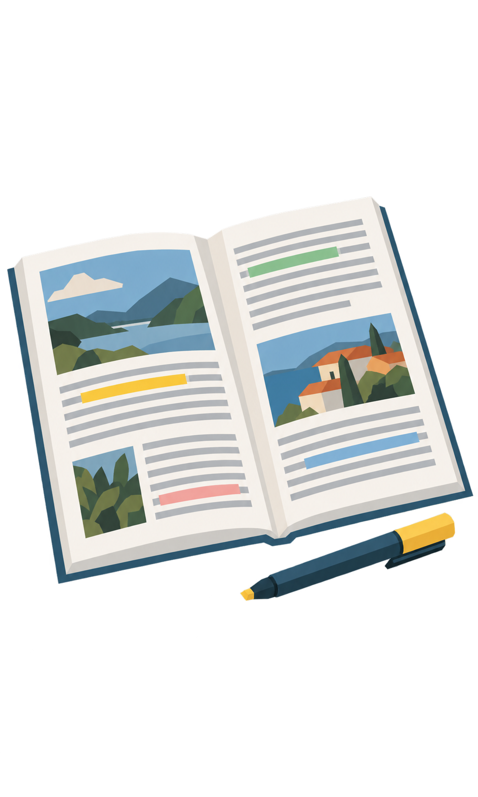 Aufgeschlagenes Heft mit markierten Textstellen