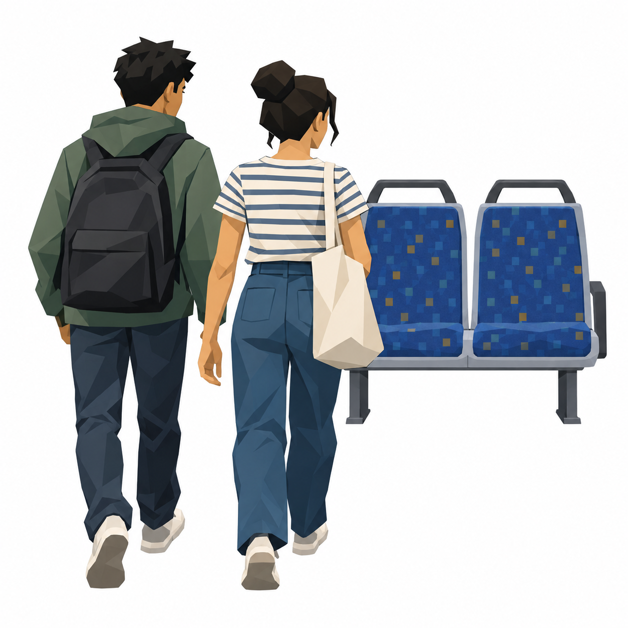 Zwei Personen gehen zusammen nach vorn zu einem freien Sitzplatz
