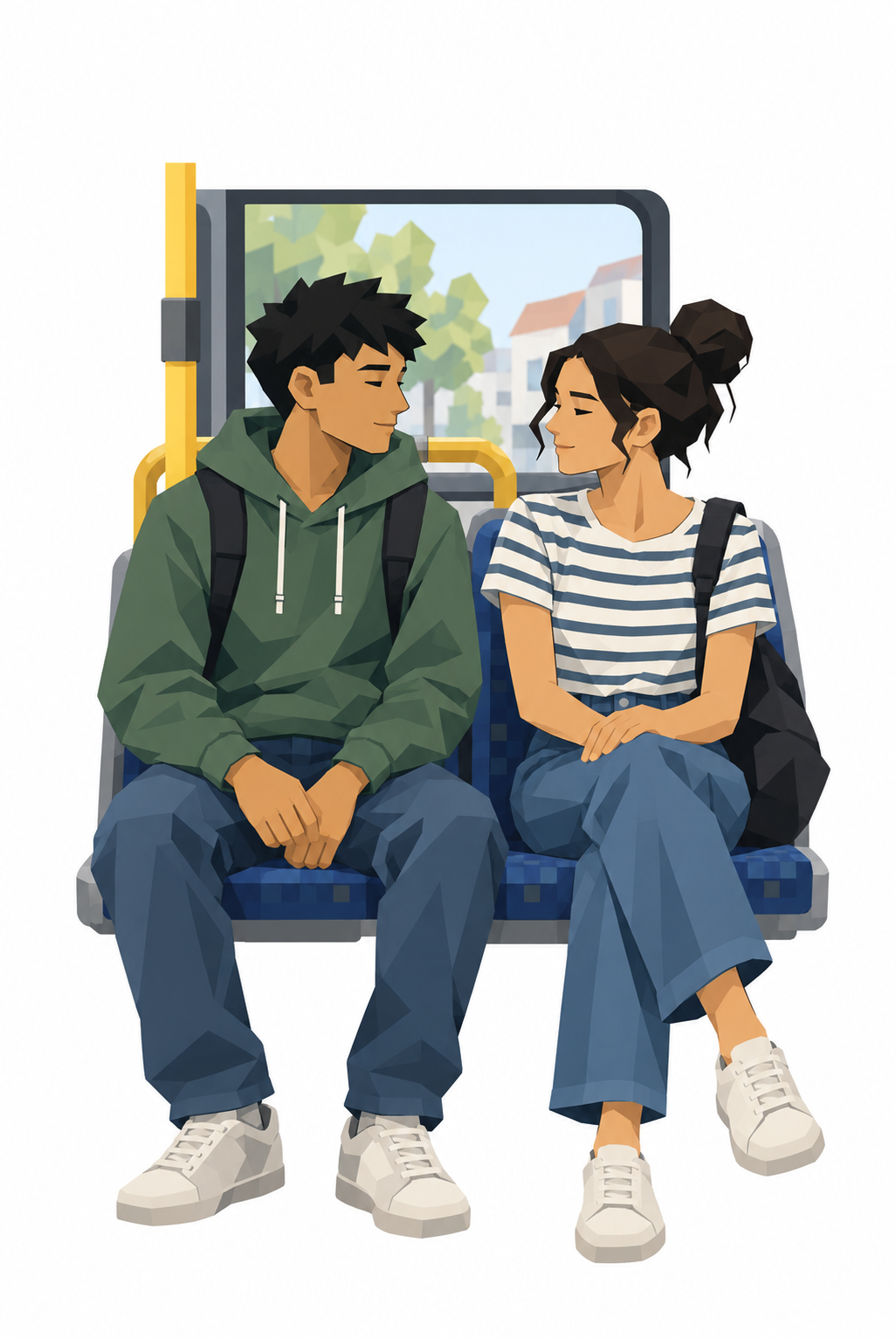 Zwei Personen sitzen nebeneinander im Bus und schauen sich an