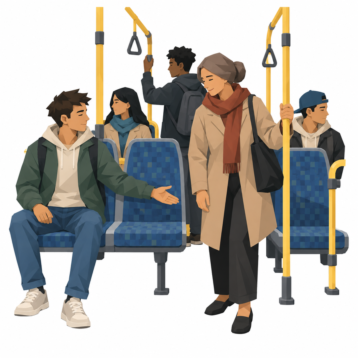 Blick durch den Mittelgang eines Linienbusses, eine Person rueckt zur Seite und macht Platz
