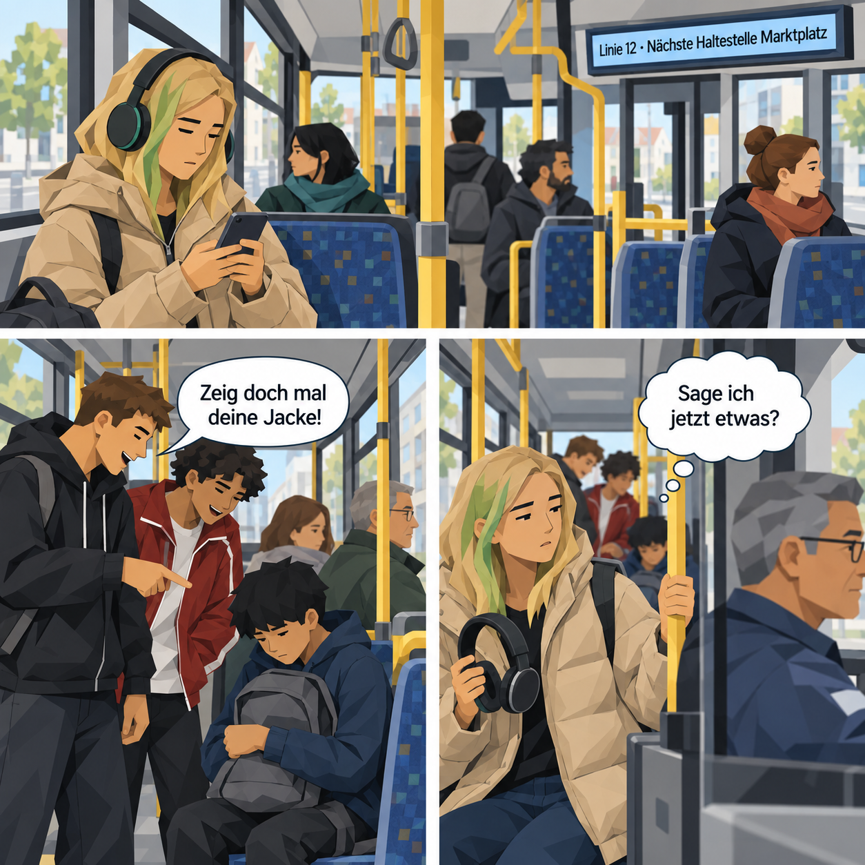 Drei Panels im Linienbus: Leyla sitzt am Fenster mit dem Smartphone, ueber der Tuer ein Textfenster mit Linie 12 und Haltestelle Marktplatz · zwei aeltere Jugendliche stehen lachend vor einem sitzenden Jungen mit Rucksack, eine Sprechblase · Nahaufnahme von Leyla, sie nimmt die Kopfhoerer ab, vorn der Busfahrer hinter seiner Scheibe, dazu eine Gedankenblase