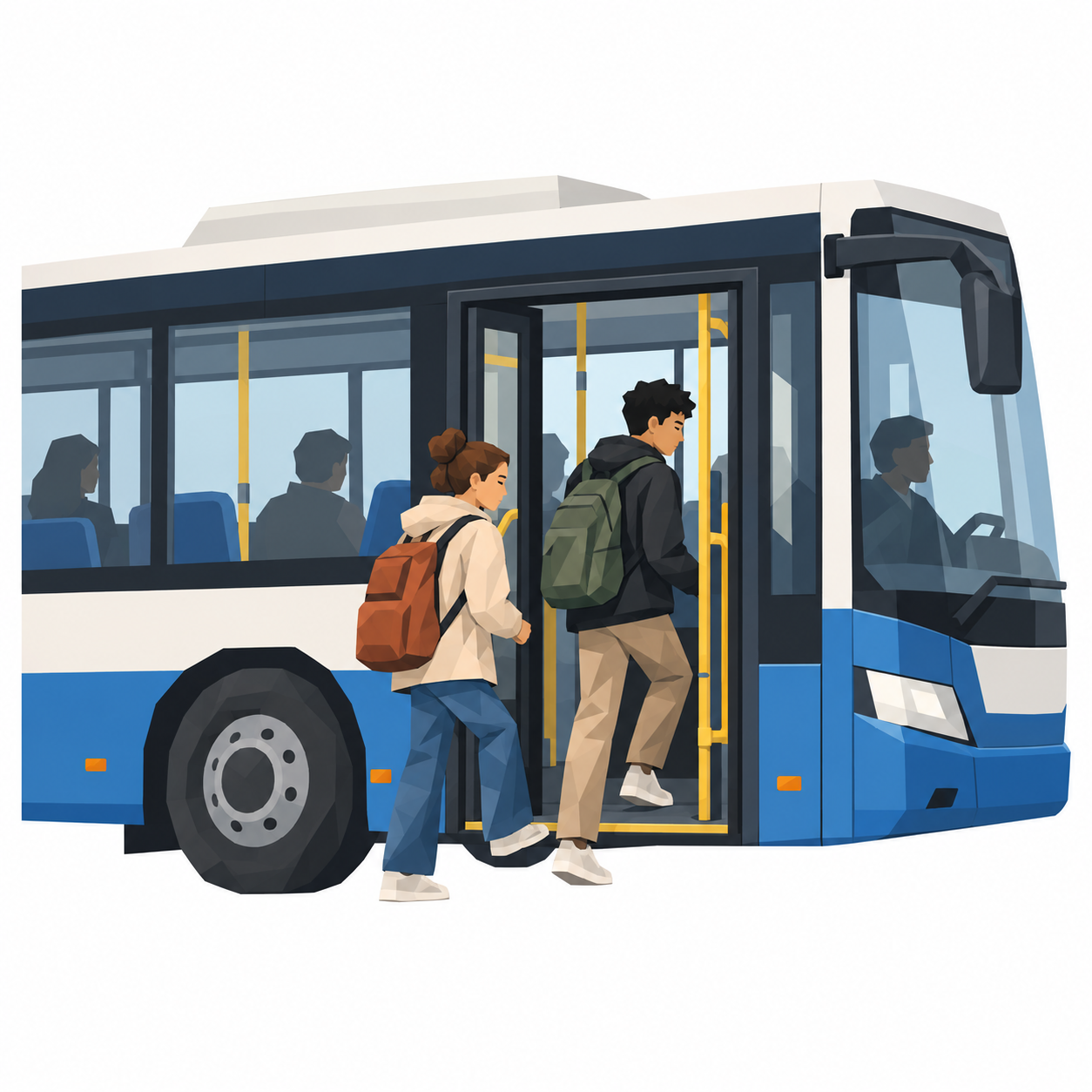 Ein Bus haelt an einer Haltestelle, Menschen steigen ein