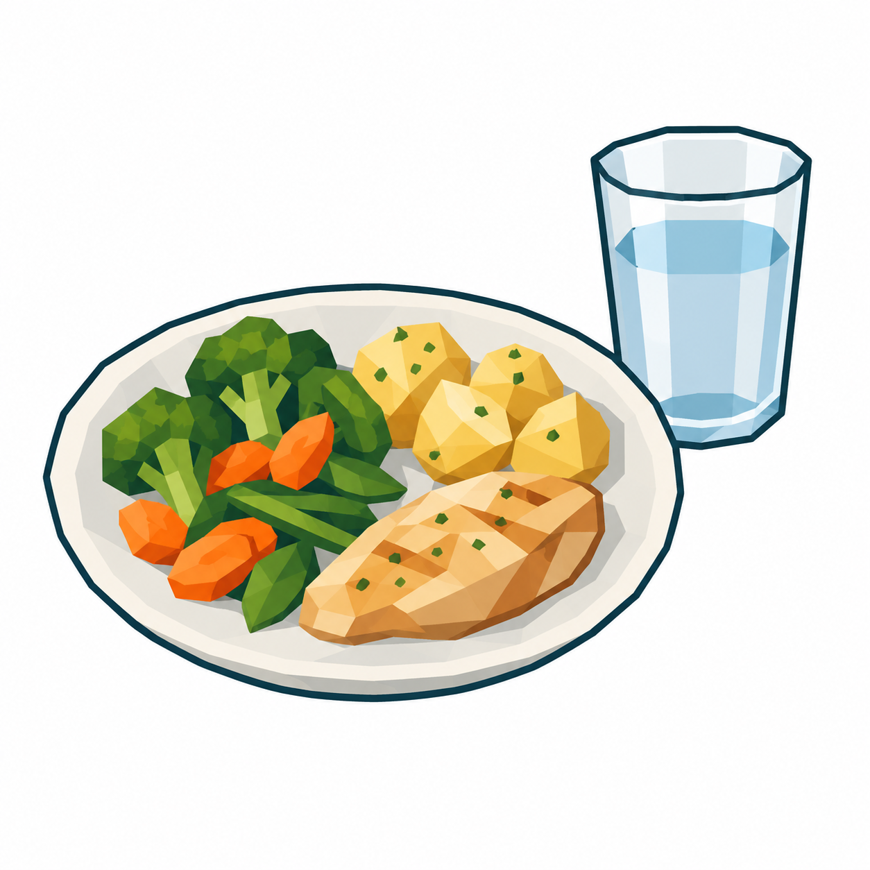 Ein Teller mit Essen und ein Glas Wasser