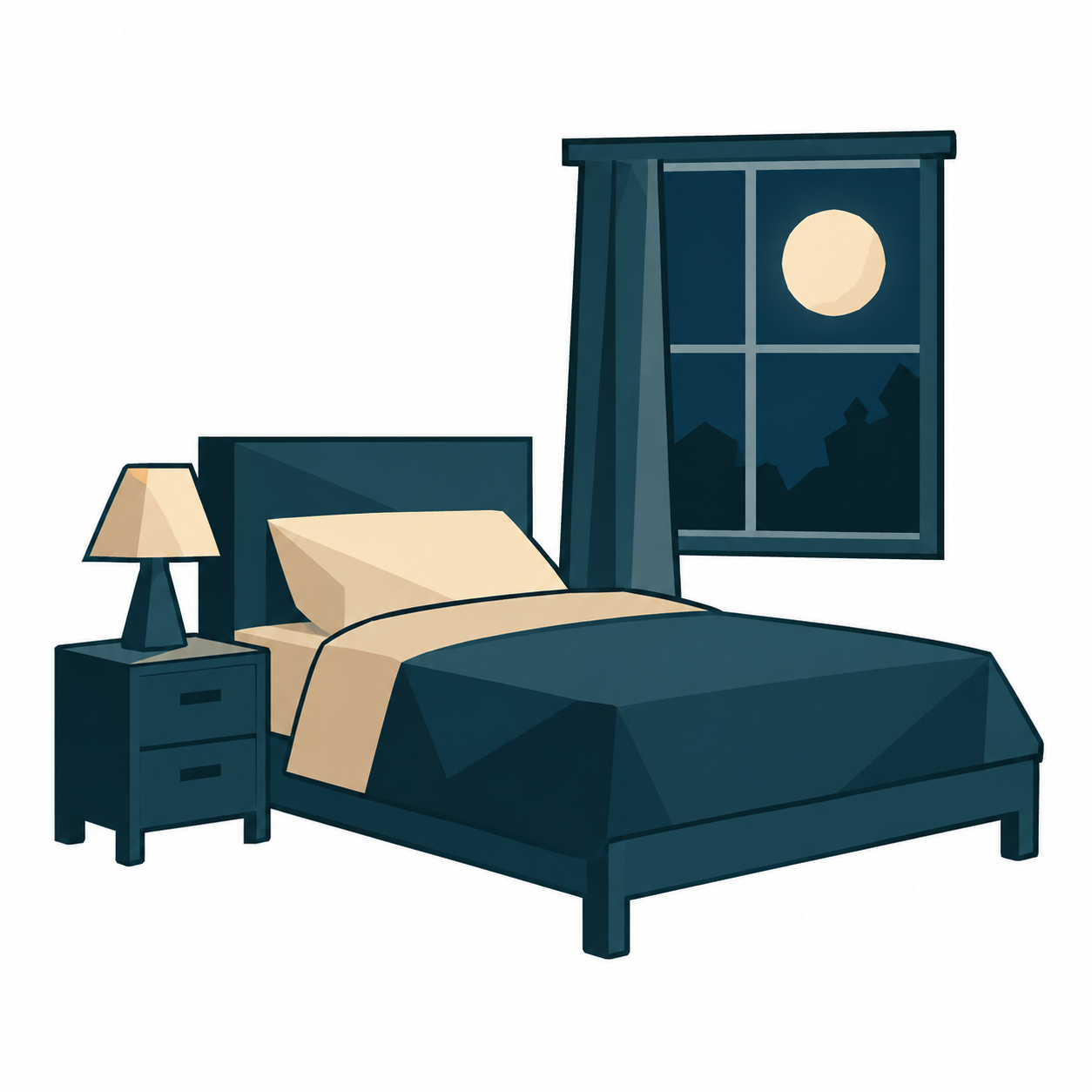 Ein Bett in einem dunklen Zimmer, der Mond scheint durchs Fenster