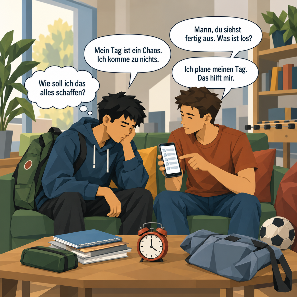 Vier Panels: Kaan kommt müde in den Jugendtreff, Timo fragt, was los ist, Kaan erzählt von seinem chaotischen Tag, Timo zeigt ihm seinen Tagesplan auf dem Handy