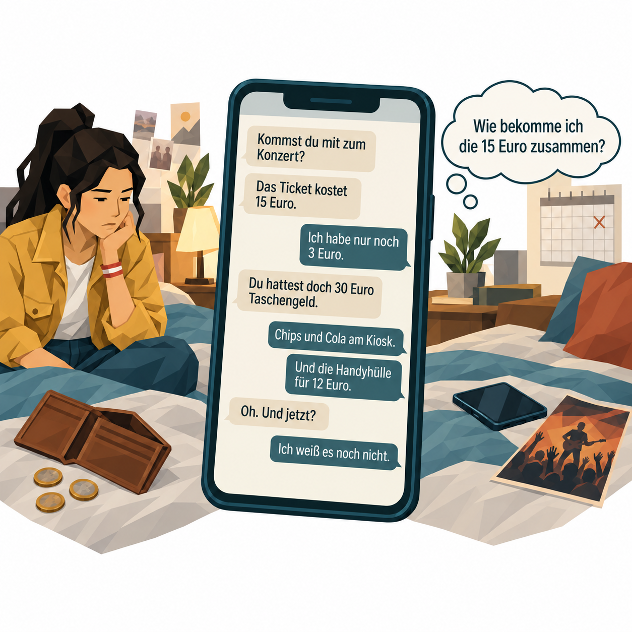 Drei Panels: Aylin sitzt abends mit dem Handy auf dem Bett, Melis schreibt ihr über das Konzert, Aylin denkt über ihre Ausgaben nach
