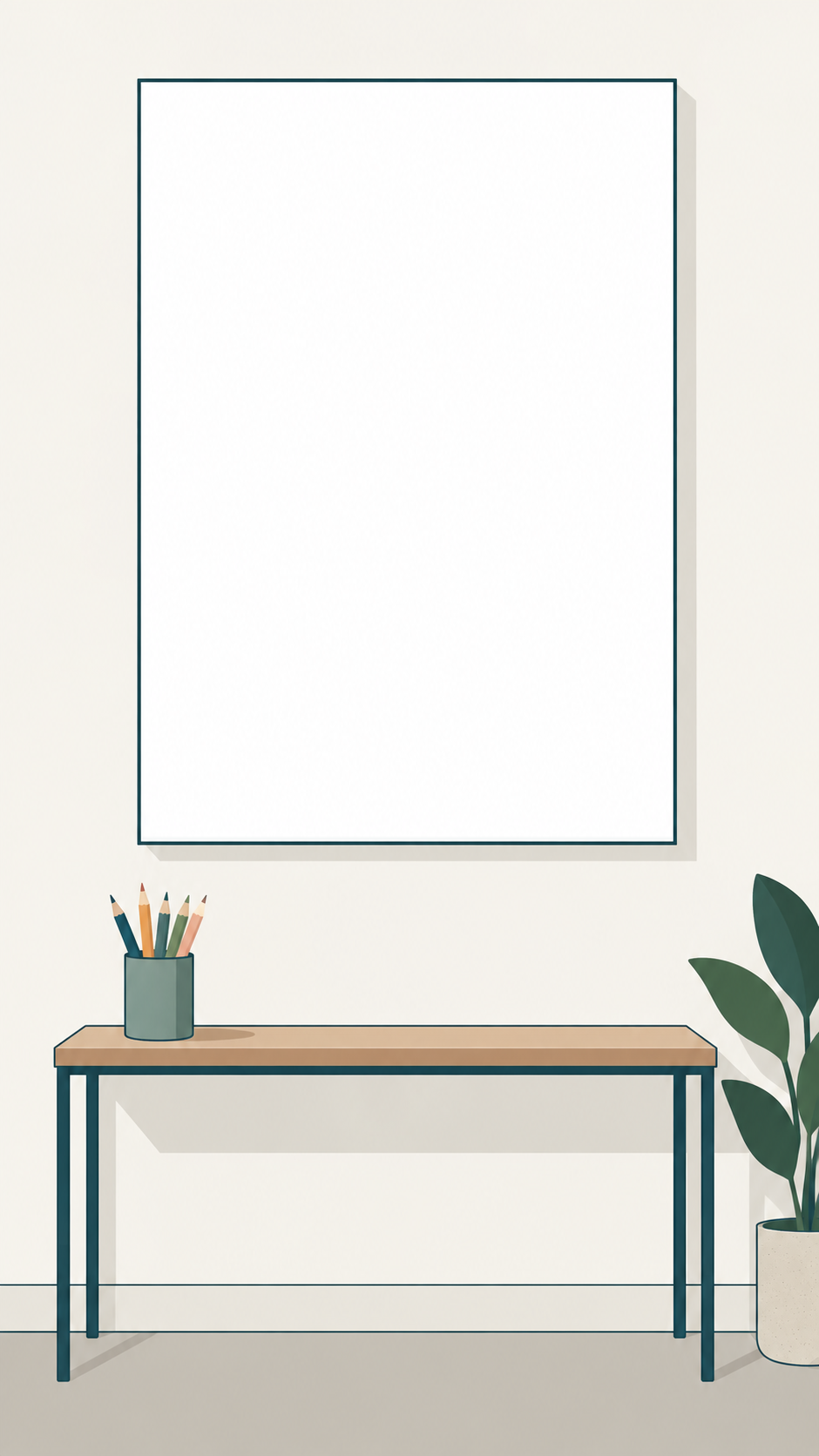 Ein leeres Plakat an einer Wand, davor ein Becher mit Stiften