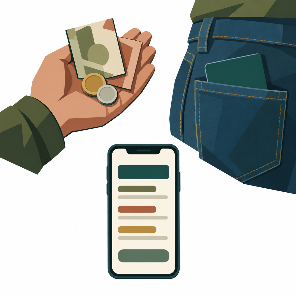 Bargeld, eine Bankkarte und ein Smartphone nebeneinander auf einem Tisch