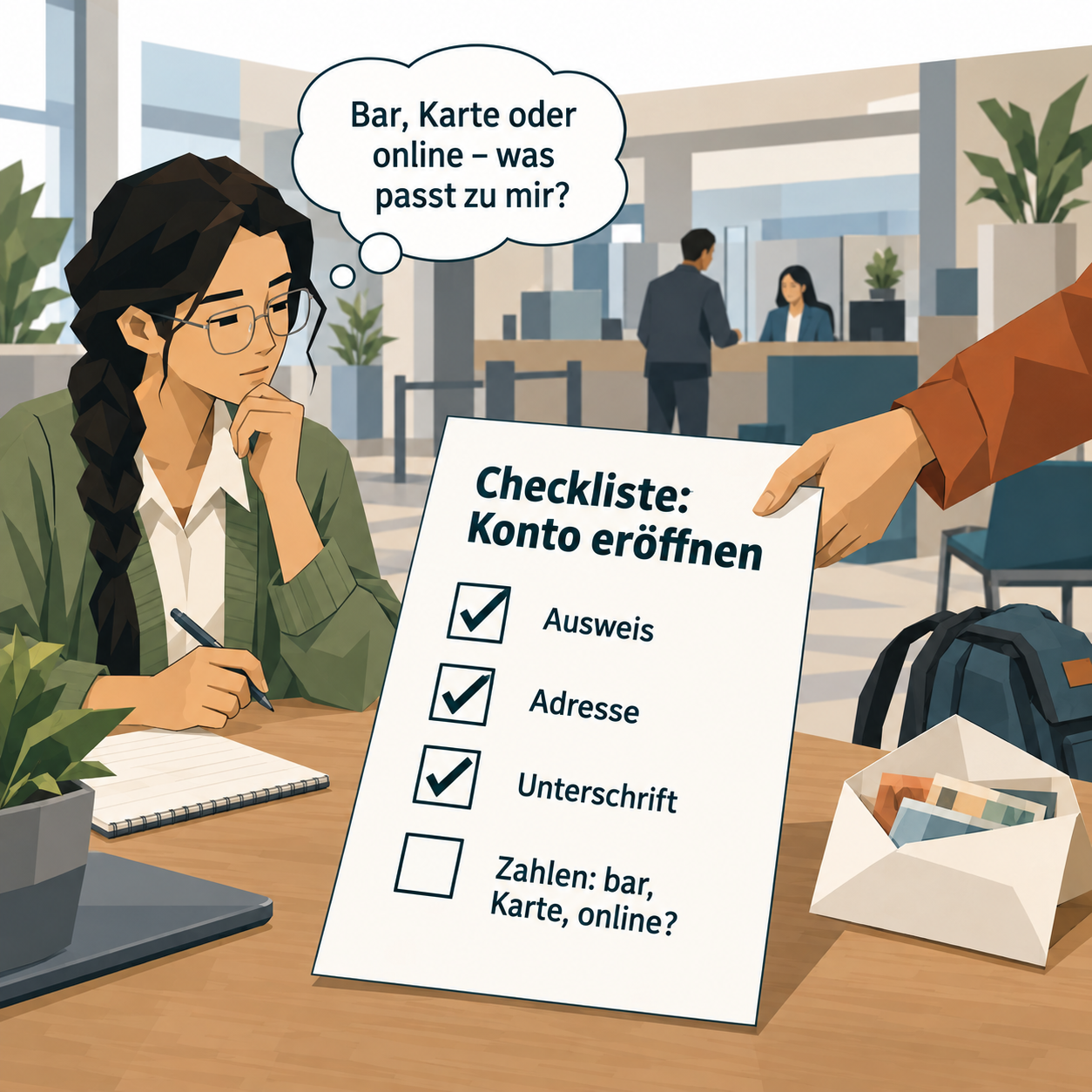 Fünf Panels: Rana bekommt ihren Lohn im Café, zählt das Geld im Bus, geht mit Tante Fadwa zur Sparkasse, sieht die Checkliste mit drei Häkchen und überlegt, wie sie bezahlen will