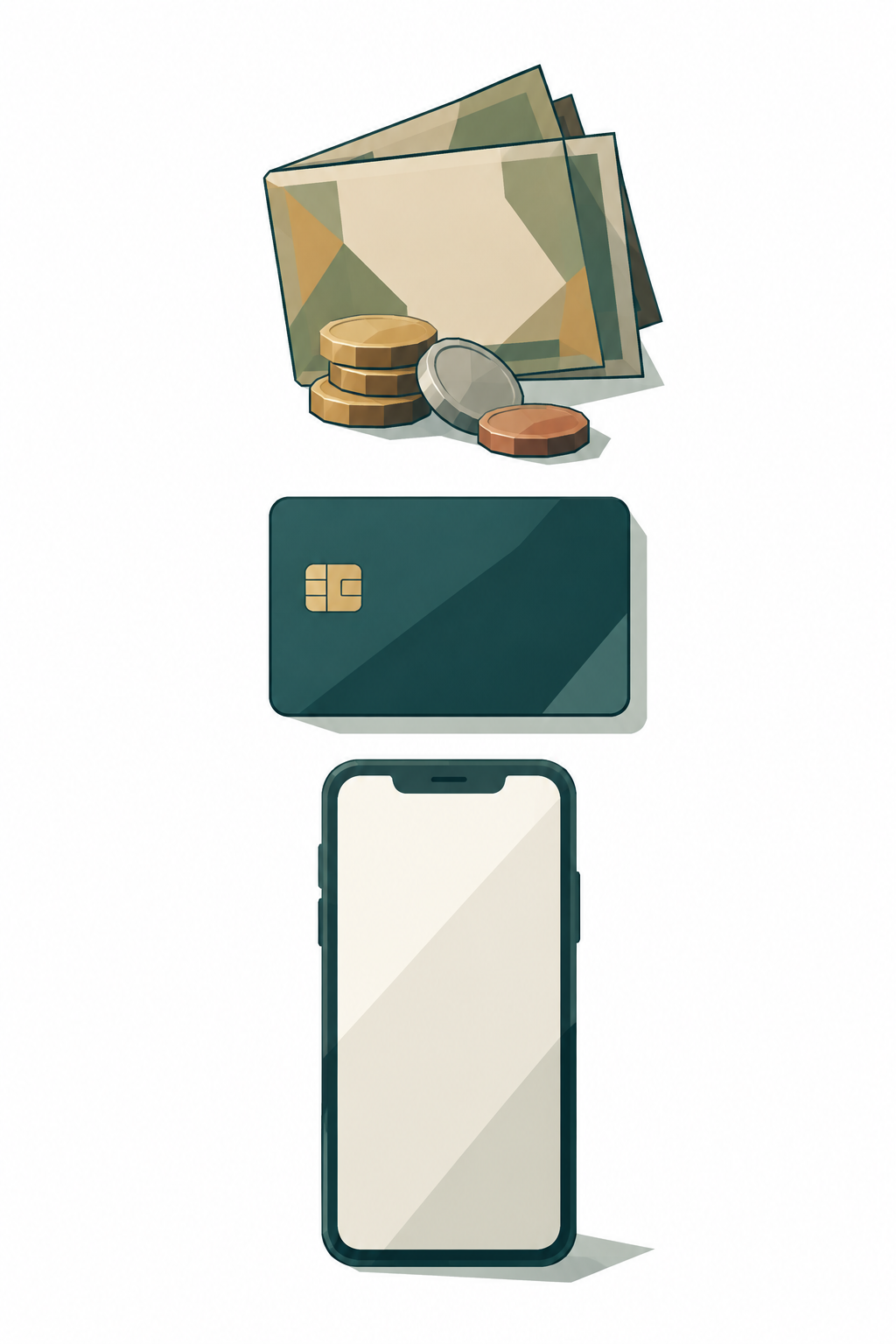 Drei Wege führen von einer Person weg: Bargeld, Karte und Smartphone