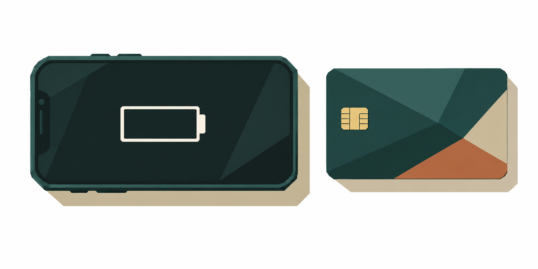 Ein Smartphone mit leerem Akkusymbol neben einer Bankkarte