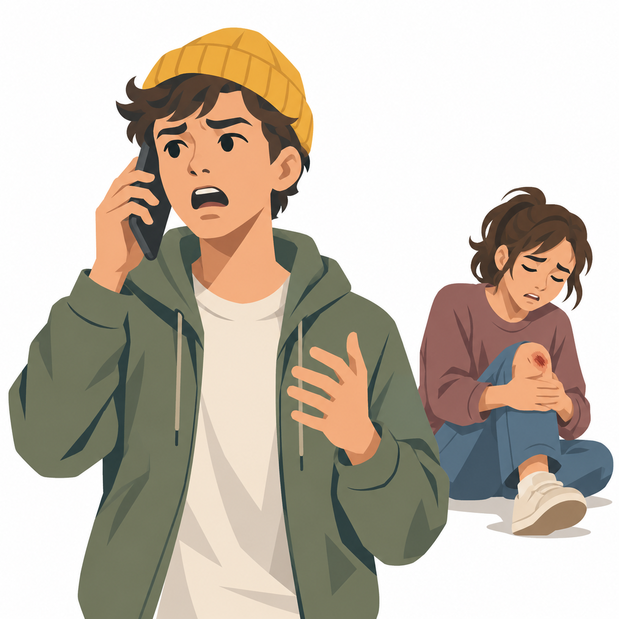 Ein Jugendlicher telefoniert aufgeregt, hinter ihm sitzt eine verletzte Person