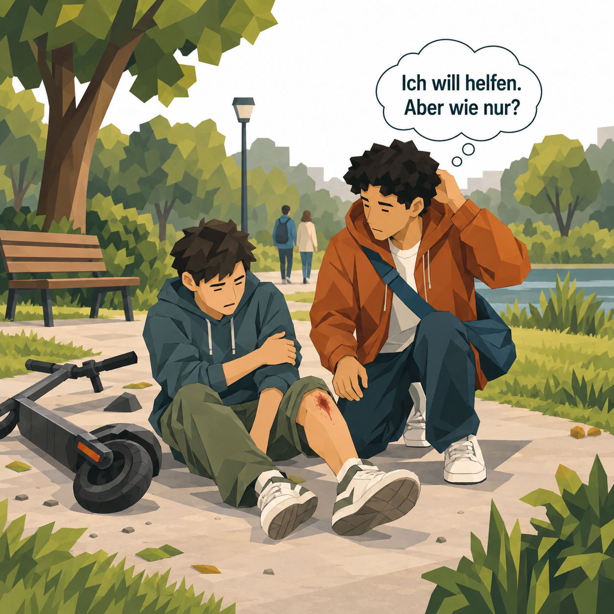 Ein Junge ist im Park mit dem E-Scooter gestürzt und liegt am Boden, sein Knie blutet. Cem kniet unsicher neben ihm.