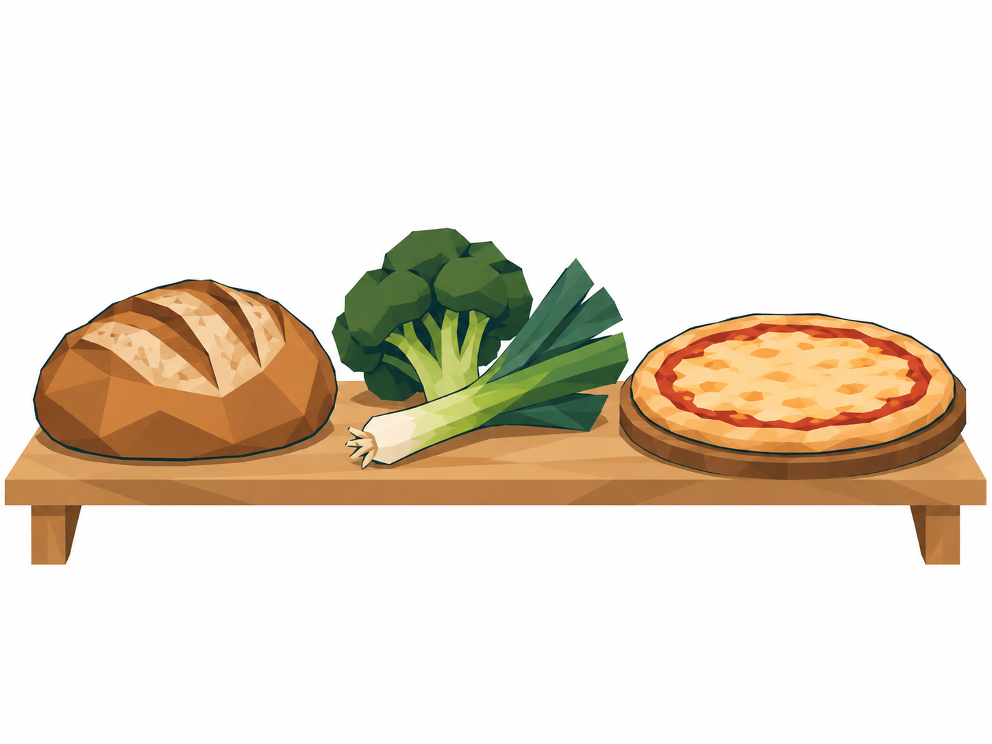 Ein Brot, Gemüse und eine Pizza nebeneinander