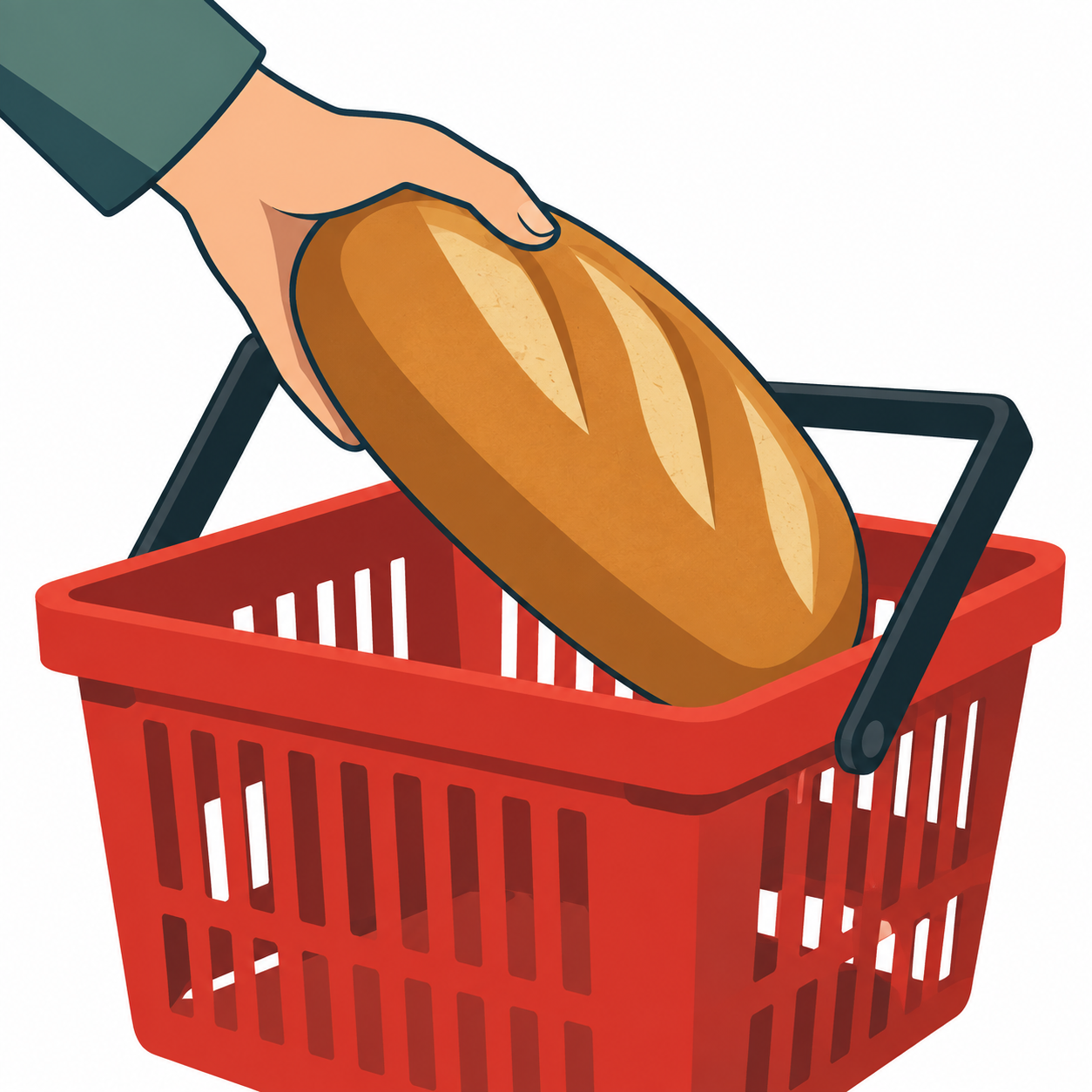 Eine Hand legt ein Brot in einen Einkaufskorb