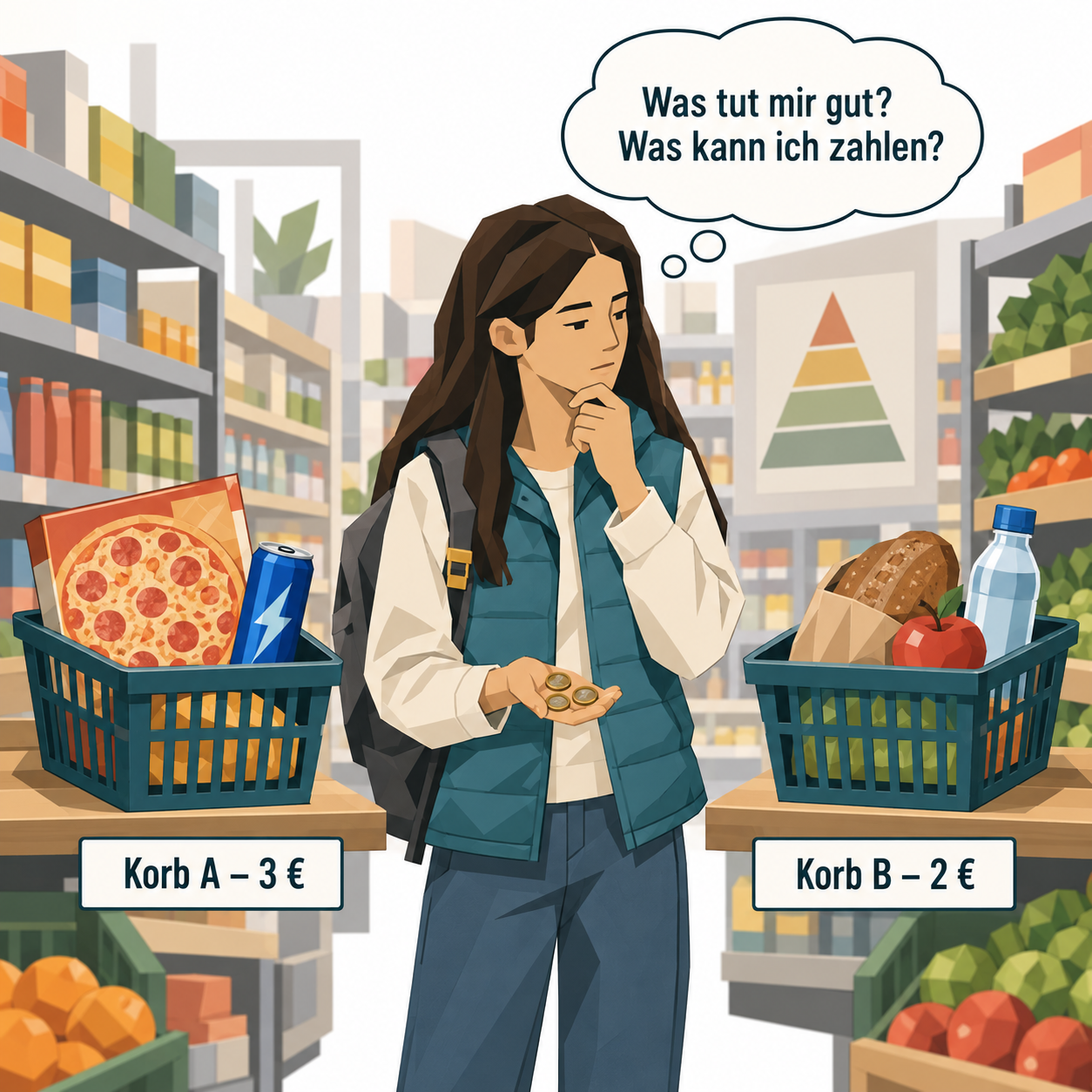 Drei Panels: Selin steht mit drei Euro am Eingang vom Supermarkt, zwei Einkaufskörbe A und B mit Pizza und Energydrink oder Brot, Apfel und Wasser, Selin überlegt zwischen den Körben