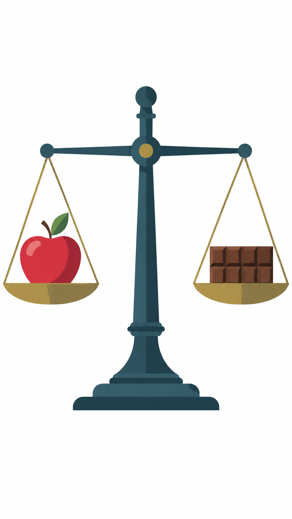 Eine Waage mit einem Apfel auf der einen und einer Tafel Schokolade auf der anderen Seite