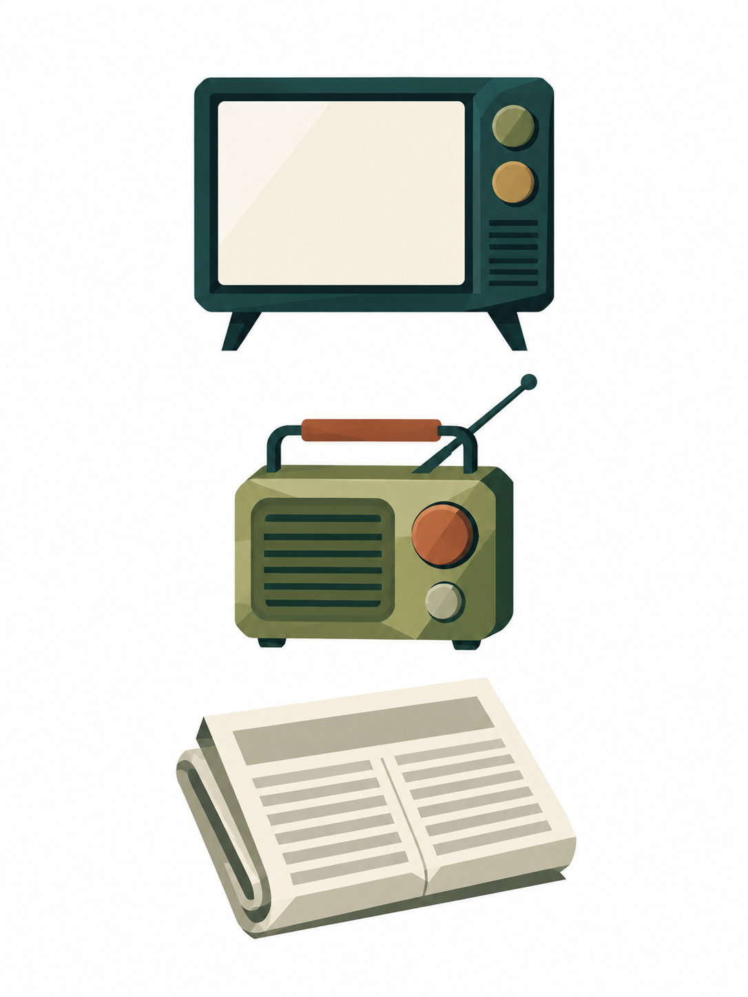 Ein Radio, eine Zeitung und ein Fernseher nebeneinander