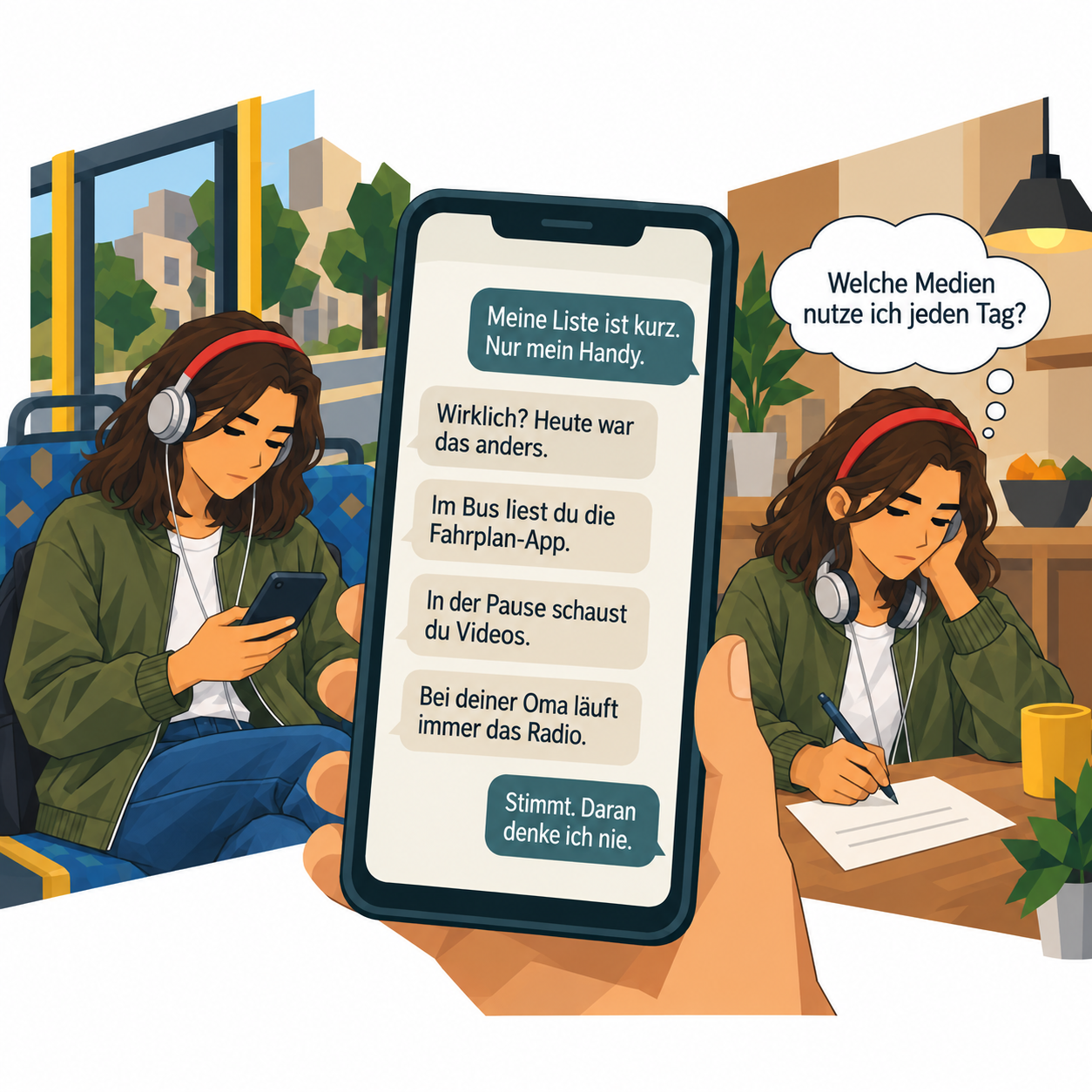 Vier Panels: Dilara hört im Bus Musik, der Klassenchat von Frau Baumann, Dilara chattet an der Haltestelle mit Ceyda, Dilara sitzt abends vor einer kurzen Liste
