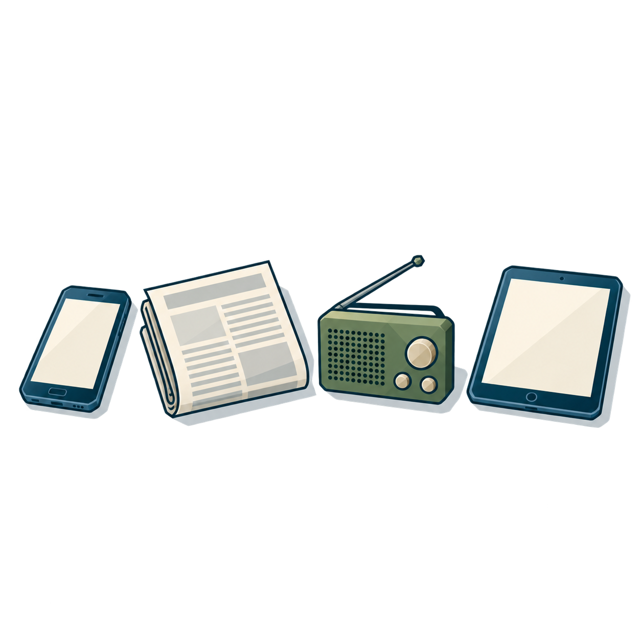Ein Handy, eine Zeitung, ein Radio und ein Tablet nebeneinander