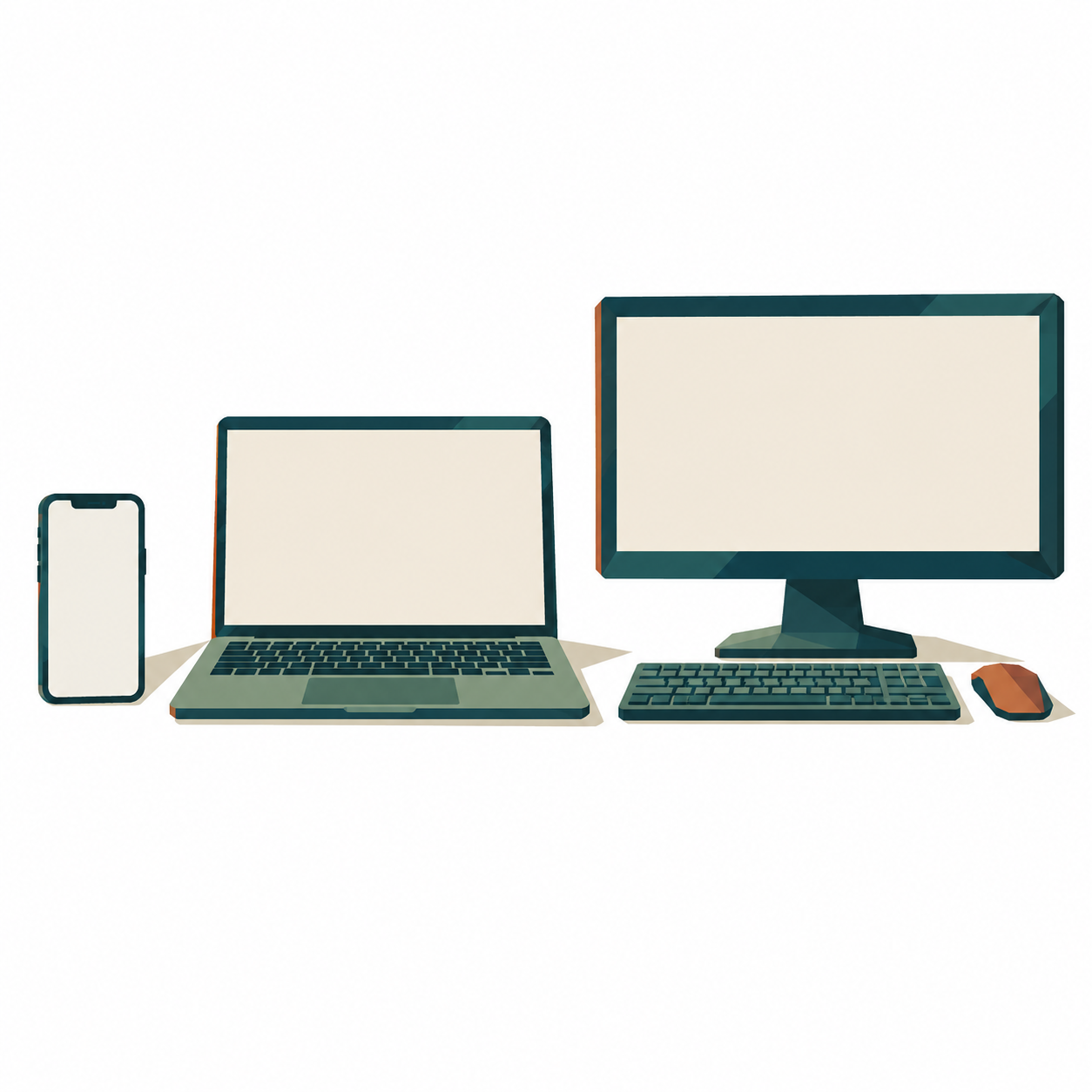 Ein Handy, ein Laptop, ein Bildschirm mit Tastatur und Maus