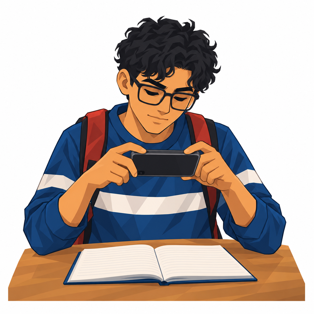 Omar macht mit dem Handy ein Foto von seinem Heft