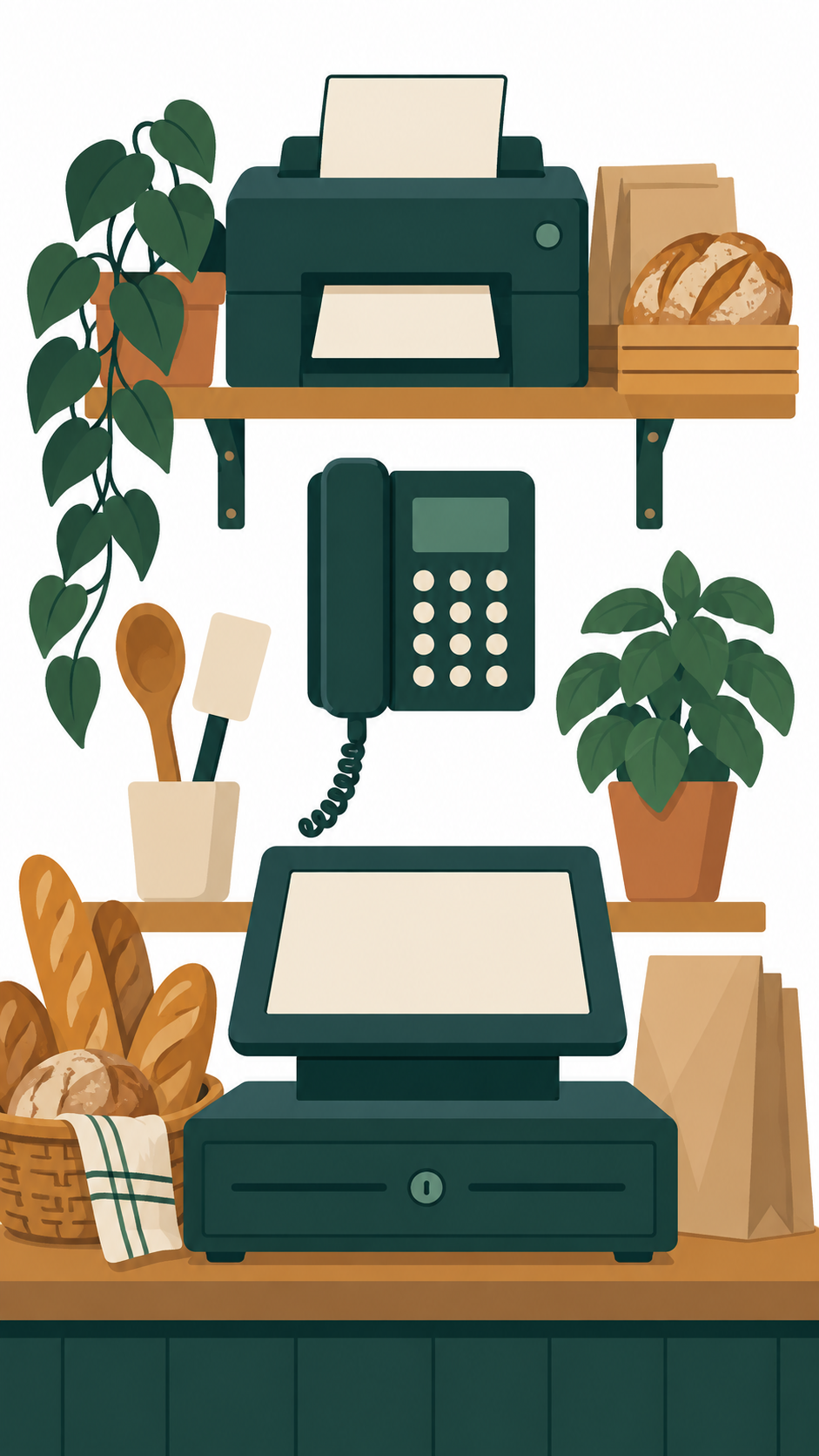 Ein Tresen in einem Betrieb mit Kasse, Telefon und Drucker