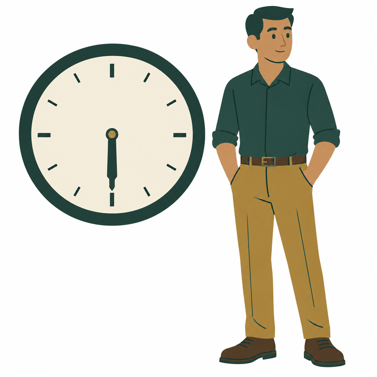 Eine Wanduhr mit Zeigern auf sechs Uhr, daneben eine Person in Arbeitskleidung