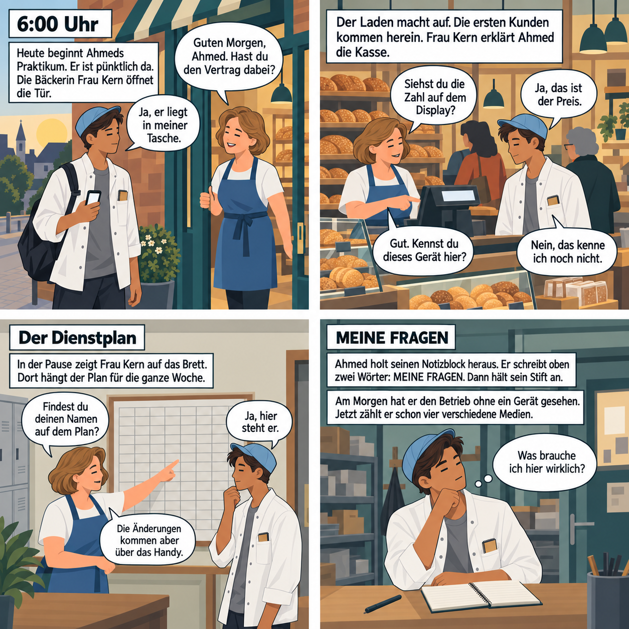 Vier Comic-Panels: Ahmed vor der Bäckerei, mit Frau Kern an der Kasse, vor dem Dienstplan am Brett und in der Pause mit seinem Notizblock