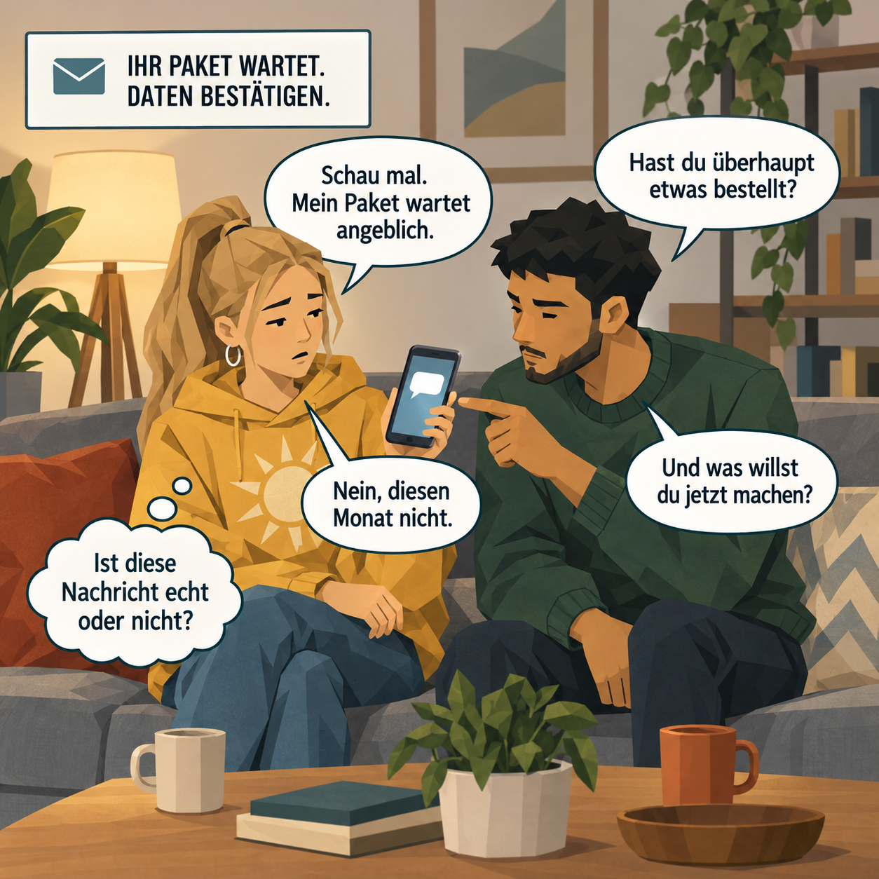 Drei Comic-Panels: Lena zeigt ihrem Bruder Samir eine Nachricht auf dem Handy, die beiden sprechen darüber, danach zögert Lena mit dem Finger über dem Link