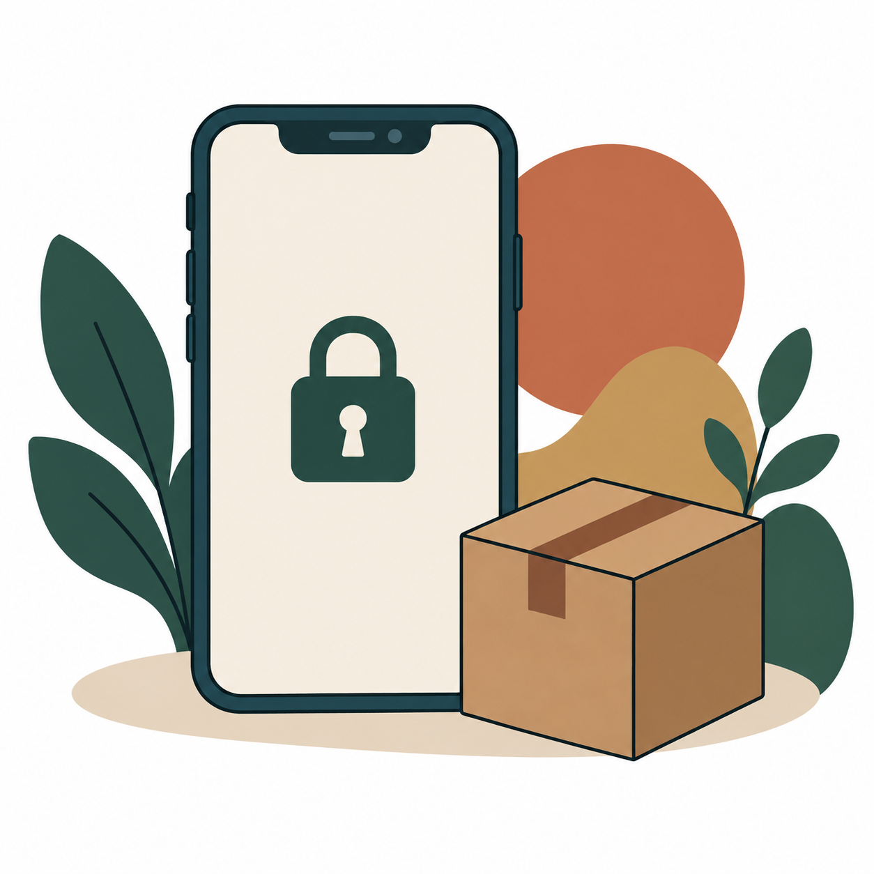 Ein Handy mit einem Schloss-Symbol auf dem Display, daneben ein Paket