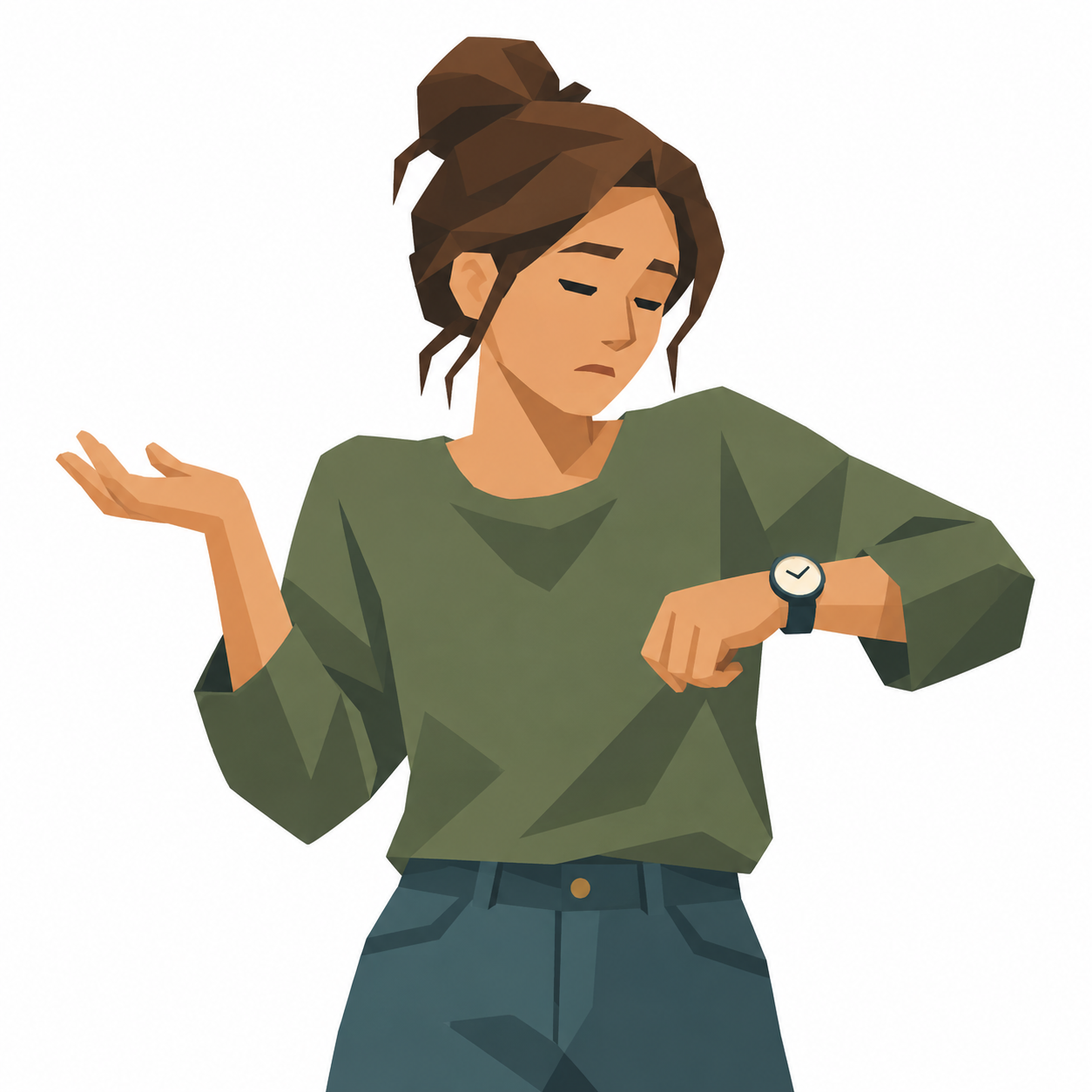 Eine Person schaut auf eine Uhr und hebt fragend die Schultern