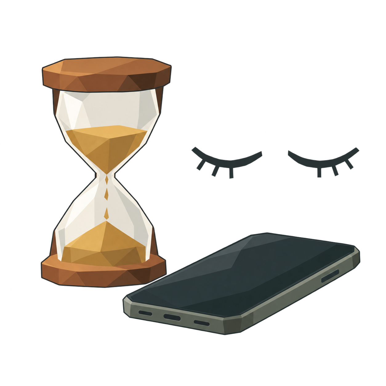 Eine Sanduhr neben einem liegenden Handy, daneben ein Paar geschlossene Augen