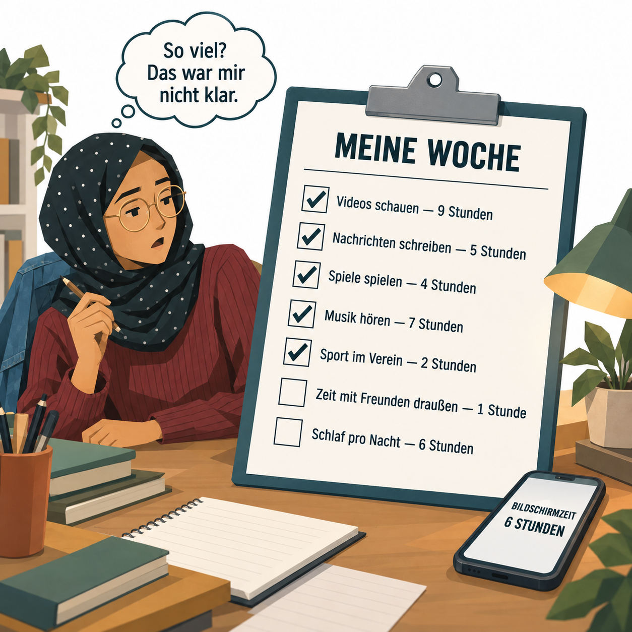 Drei Panels: Yasmin sitzt abends am Schreibtisch und schaut auf ihr Handy, daneben liegt ihr Wochenblatt · Nahsicht auf die Liste mit Haekchen · Yasmin lehnt sich ueberrascht zurueck