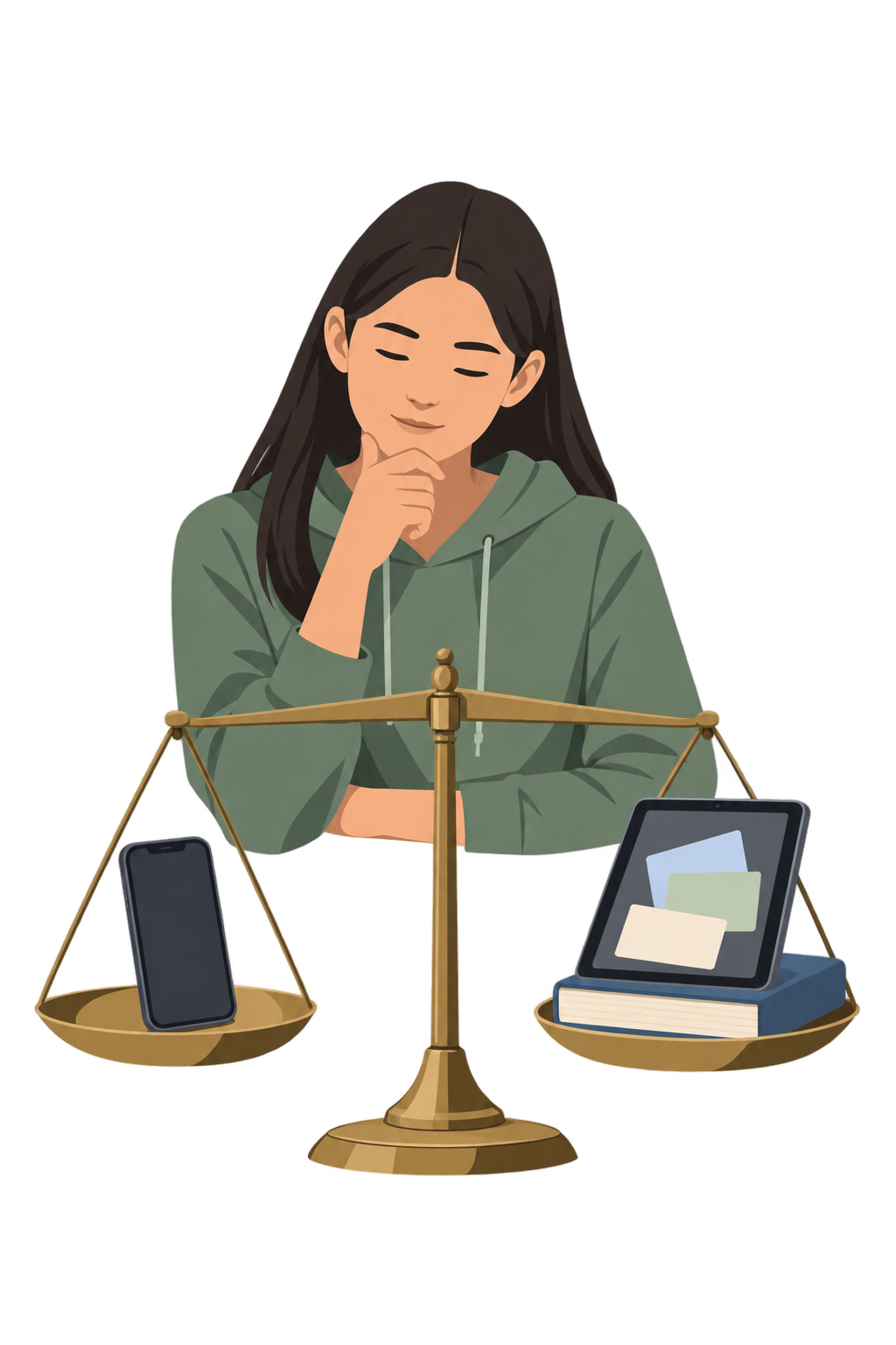 Eine Waage: auf der einen Schale ein Handy, auf der anderen ein Tablet mit Wortkarten und ein Buch
