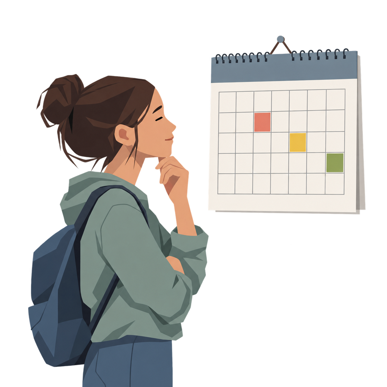 Ein Kalender an der Wand, drei Nachmittage sind bunt markiert