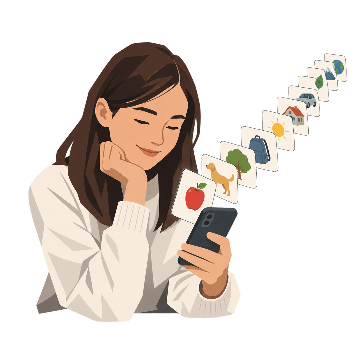 Auf einem Handy laufen zehn Vokabelkarten hintereinander durch